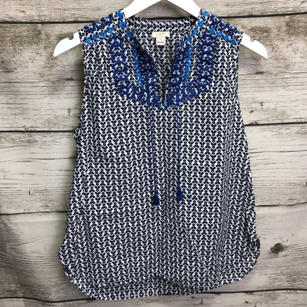 J. Crew Chevron Embroidered Yoke Cotton Sleeveless Tunic Tank Top